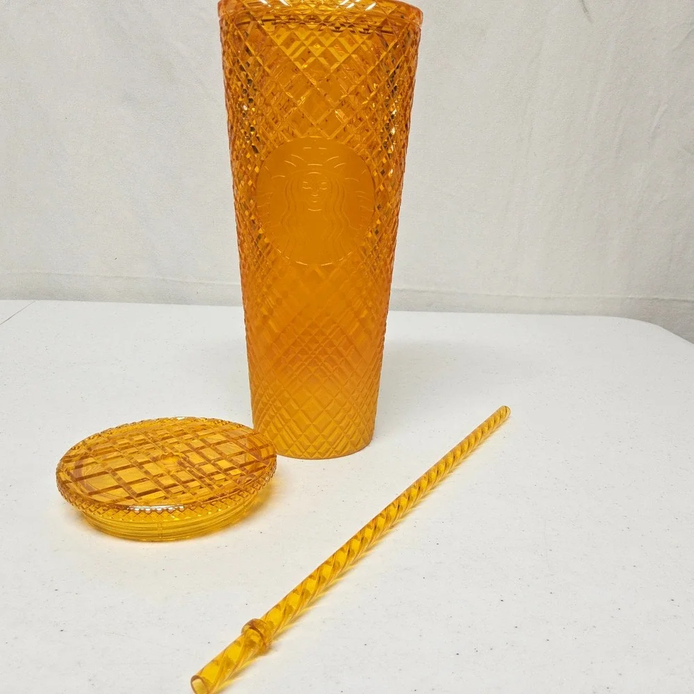 Starbucks Cold Cup Tumbler 24oz Amber‎ Orange Studded Grid 011134126